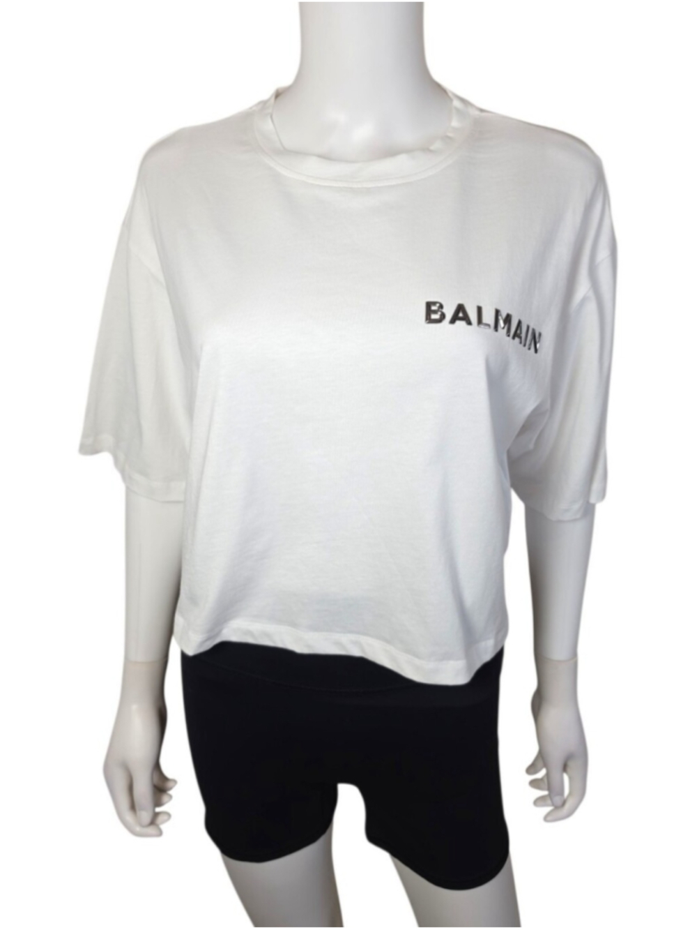 $495 BALMAIN Laminated Logo Cotton Crop T-Shirt Large - Picture 8 of 13